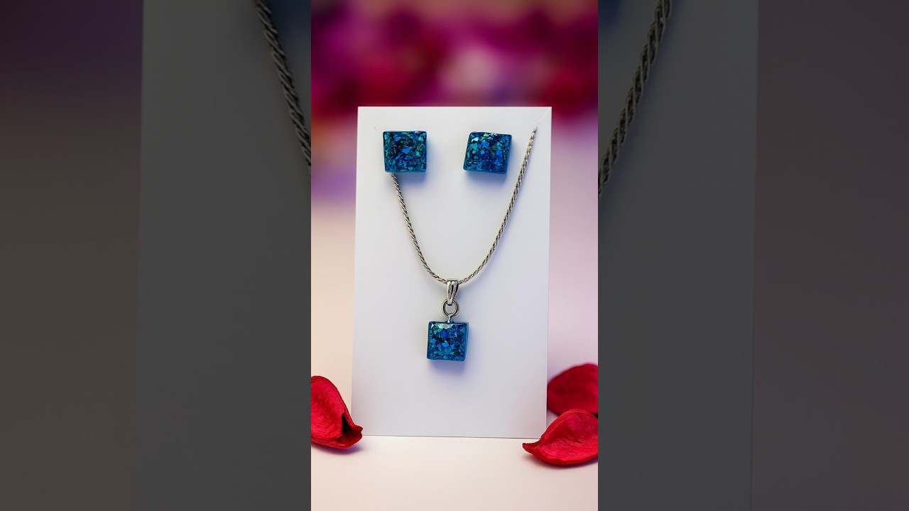 Resin Jewelry Set 😍 Elegant Blue Glitter Square Pendant Necklace 😍 Stud Earrings for Women 😍